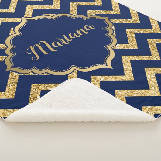 Goud Glitter Blauw Chevron Zigzag Patroon Sherpa Deken (3/4)