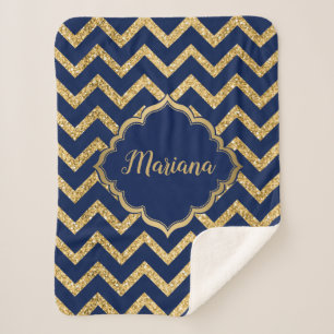 Goud Glitter Blauw Chevron Zigzag Patroon Sherpa Deken