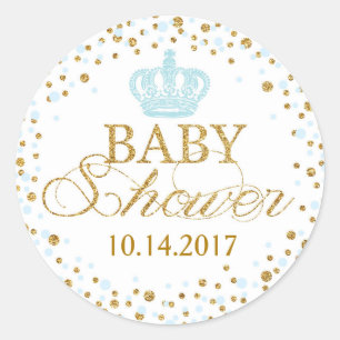 Goud Glitter Blauw Crown Royal Prince Baby shower Ronde Sticker