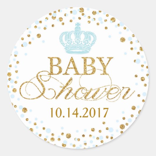 Goud Glitter Blauw Crown Royal Prince Baby shower Ronde Sticker (Voorkant)