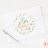 Goud Glitter Blauw Crown Royal Prince Baby shower Ronde Sticker (Envelop)