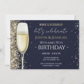 Goud Glitter Blauw Dubbele Champagne Verjaardagsfe Kaart (Voorkant)