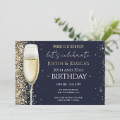 Goud Glitter Blauw Dubbele Champagne Verjaardagsfe Kaart (Staand voorkant)