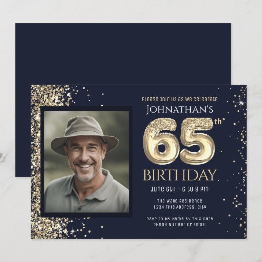Goud Glitter Blauw Foto 65e Verjaardagsfeestje Kaart (Voorkant / Achterkant)