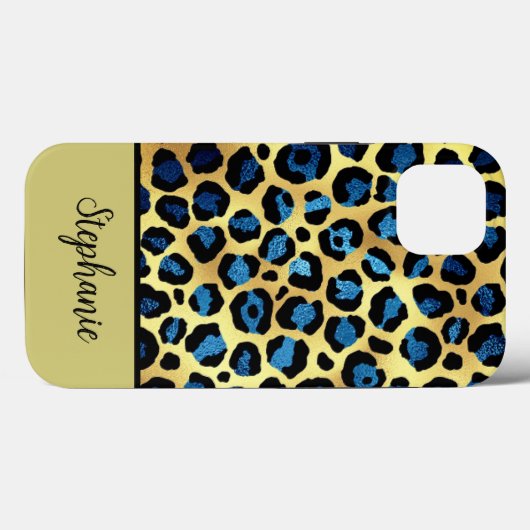 Goud Glitter Blauw Luipaard Print Naam Case-Mate iPhone Case (Achterkant (horizontaal))