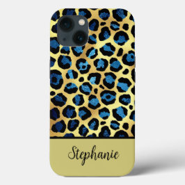 Goud Glitter Blauw Luipaard Print Naam Case-Mate iPhone Case