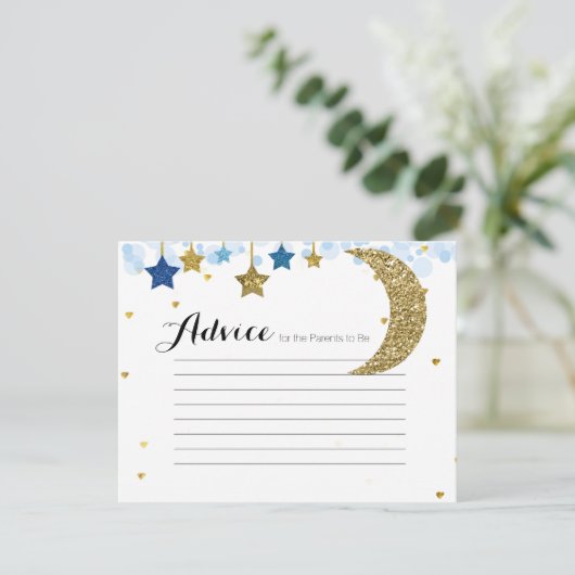 Goud glitter blauw maan Advies Kaart Baby shower (Staand voorkant)