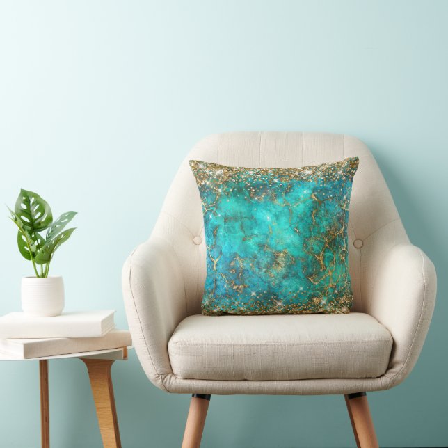 Goud Glitter Blauwe Turquoise Edelsteen Vuur Glam Kussen (Stoel)