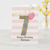 Goud Glitter en Roze 7de Verjaardag Kaart (Gele Bloem)