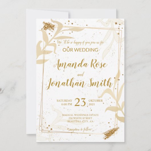 Goud glitter en witte bladeren kaart (Voorkant)