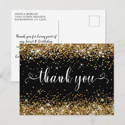 Goud Glitter en Zwart Sweet 16 Hartelijk Bedankt Briefkaart (Voorkant / Achterkant)