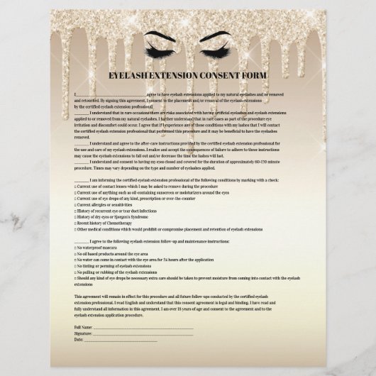 Goud Glitter EXTENSIE VAN WIMPERS TOESTEMMINGSFORM Flyer (Voorkant)
