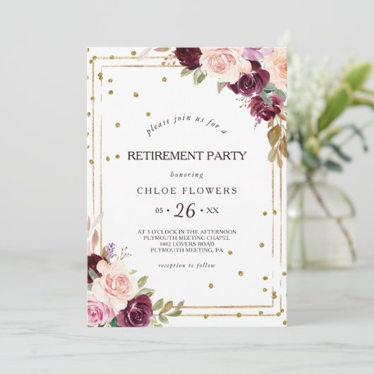 Goud Glitter Geometrisch Bourgondisch Pensioen Par Kaart (Staand voorkant)