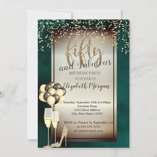 Goud Glitter Glas, Ballonnen Groen 50ste Verjaarda Kaart (Voorkant)