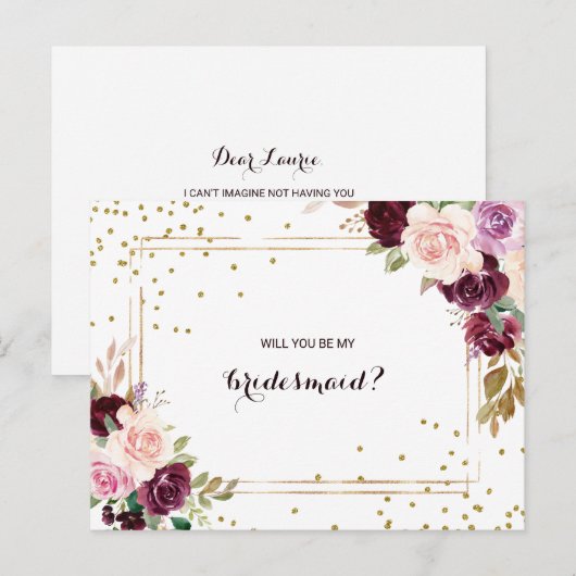 Goud Glitter Groen Bourgondië Bloemen Bruidsmeisje Uitnodiging Briefkaart (Voorkant / Achterkant)