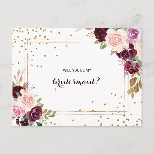 Goud Glitter Groen Bourgondië Bloemen Bruidsmeisje Uitnodiging Briefkaart (Voorkant)