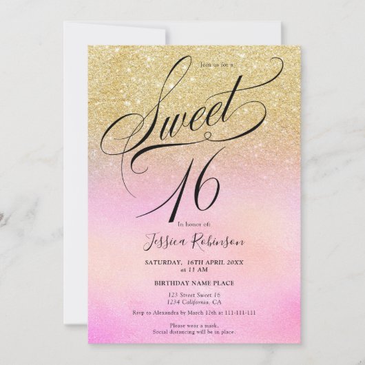 goud glitter holografisch script chic Sweet 16 Kaart (Voorkant)