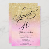 goud glitter holografisch script chic Sweet 16 Kaart (Voorkant / Achterkant)