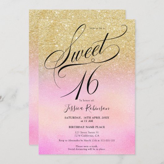 goud glitter holografisch script chic Sweet 16 Kaart (Voorkant / Achterkant)