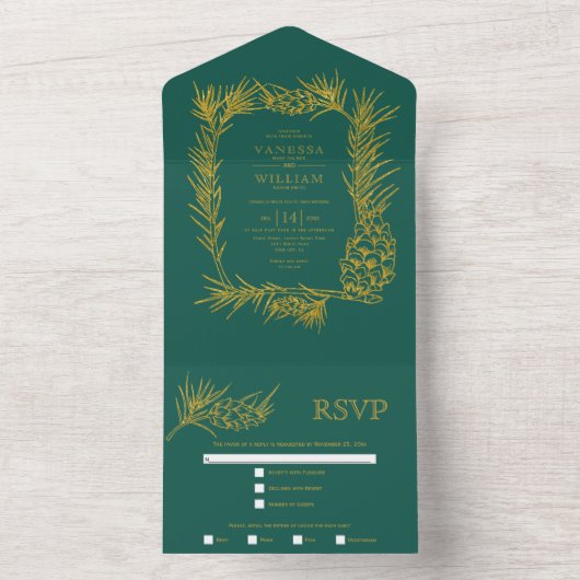 Goud glitter lijst evergreen winter bruiloft all in one uitnodiging (Binnen)