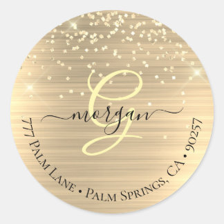 Goud Glitter & Monogram, Zwarte Script Naam Adres Ronde Sticker