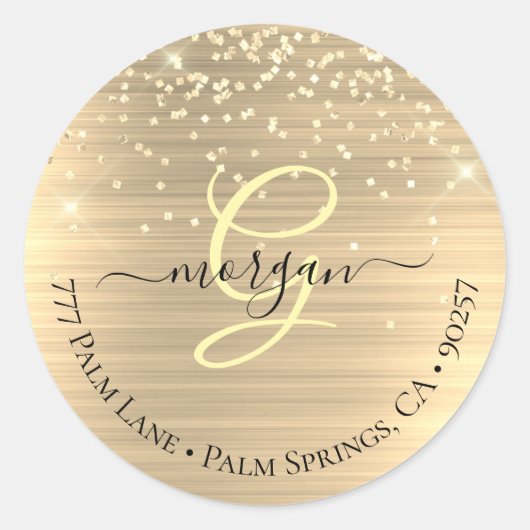 Goud Glitter & Monogram, Zwarte Script Naam Adres Ronde Sticker (Voorkant)