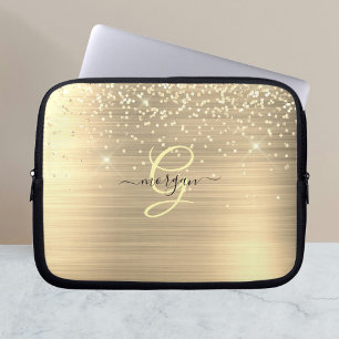Goud Glitter & Monogram, Zwarte Script Naam Laptop Sleeve