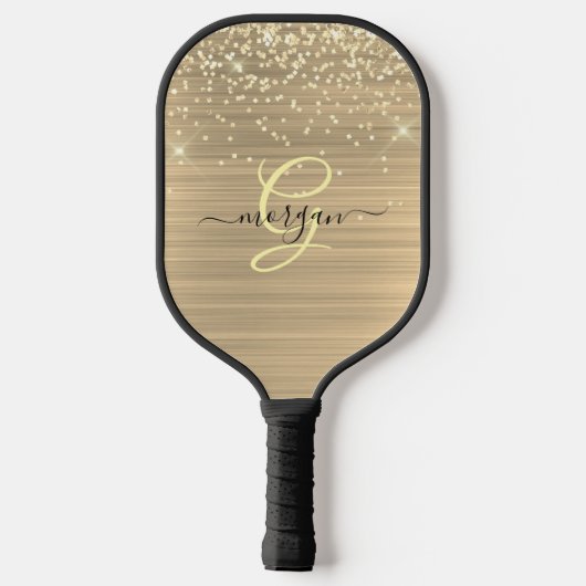 Goud Glitter & Monogram, Zwarte Script Naam Pickleball Paddle (Achterkant)