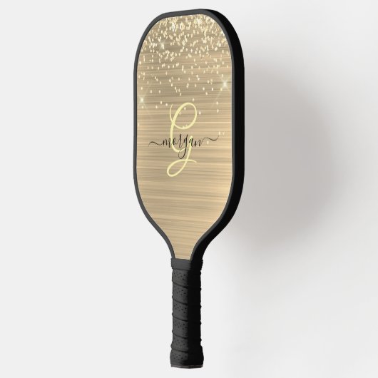 Goud Glitter & Monogram, Zwarte Script Naam Pickleball Paddle (Links)