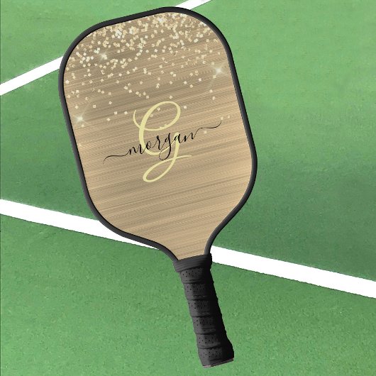 Goud Glitter & Monogram, Zwarte Script Naam Pickleball Paddle