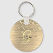 Goud Glitter & Monogram, Zwarte Script Naam Sleutelhanger (Achterkant)