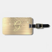 Goud Glitter & Monogram, Zwarte Script Naam, Vs 2 Bagagelabel (Voorkant horizontaal)
