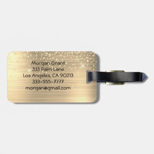 Goud Glitter & Monogram, Zwarte Script Naam, Vs 2 Bagagelabel (Achterkant horizontaal)