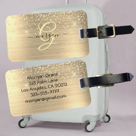 Goud Glitter & Monogram, Zwarte Script Naam, Vs 2 Bagagelabel