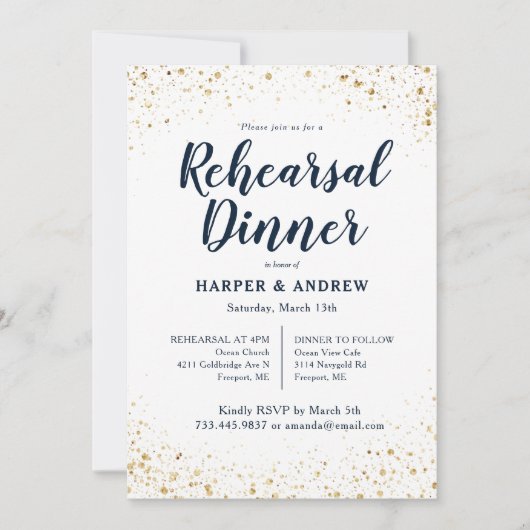 Goud Glitter Navy Blue Waterverf repetitie diner Kaart (Voorkant)