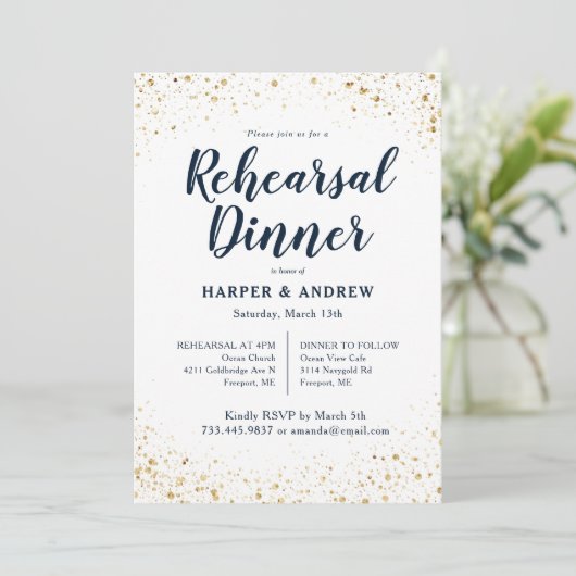 Goud Glitter Navy Blue Waterverf repetitie diner Kaart (Staand voorkant)