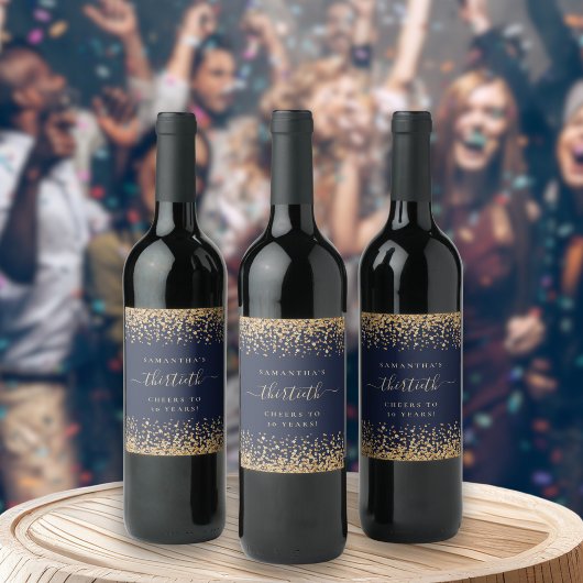 Goud Glitter Script Marine Blauw Cheers 30e Party Wijn Etiket