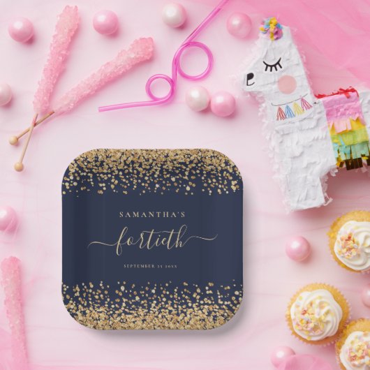 Goud Glitter Script Marine Blauw Glam 40th Party Papieren Bordje (Feest)