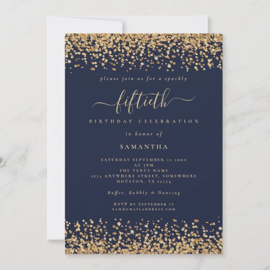 Goud Glitter Script Marine Blauw Glam 50th Party Kaart (Voorkant)