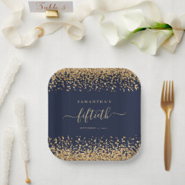 Goud Glitter Script Marine Blauw Glam 50th Party Papieren Bordje