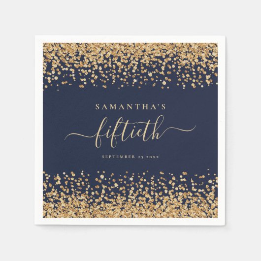 Goud Glitter Script Marine Blauw Glam 50th Party Servet (Voorkant)