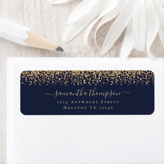 Goud Glitter Script Marine Blauw Naam Retouradres Etiket (Insitu)