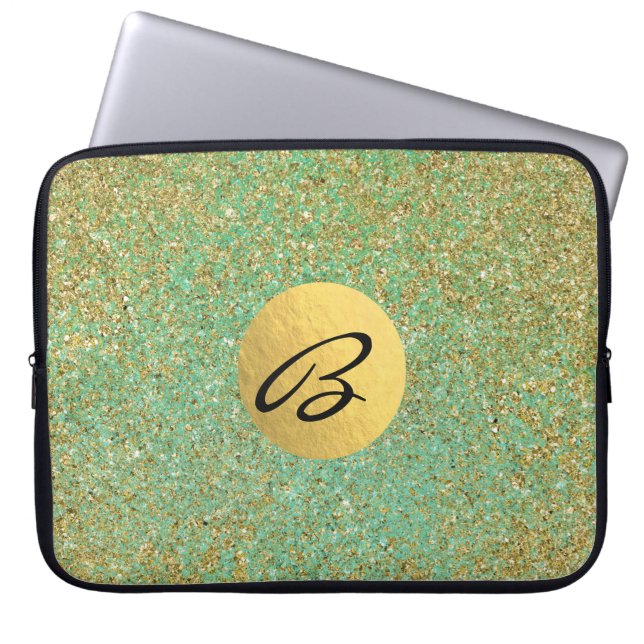 Goud Glitter Turquoise Groen Glam Trendy Laptop Sleeve (Voorkant)
