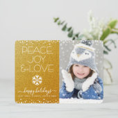 Goud Glitter Vrede Vreugde Liefde Foto Sneeuwvlok Feestdagenkaart (Staand voorkant)