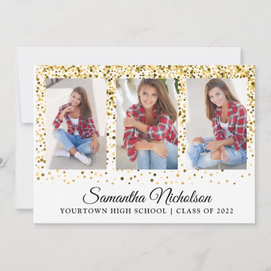 Goud Glitter Wit 4 Foto Afstudeer Uitnodiging (Voorkant)