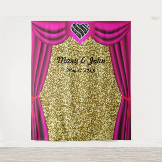 Goud Glitter Zwart & Wit Hart Roze Gordijn Wandkleed (Voorkant)