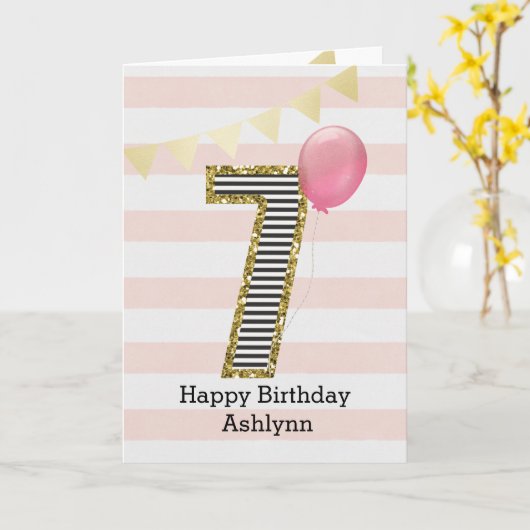 Goud Glitters en Roze 7de Verjaardag Kaart (Gele Bloem)