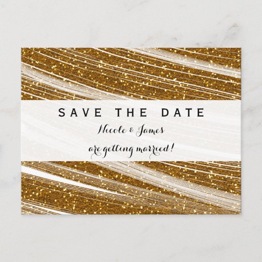 Goud glittersparel wit save the date briefkaart (Voorkant)