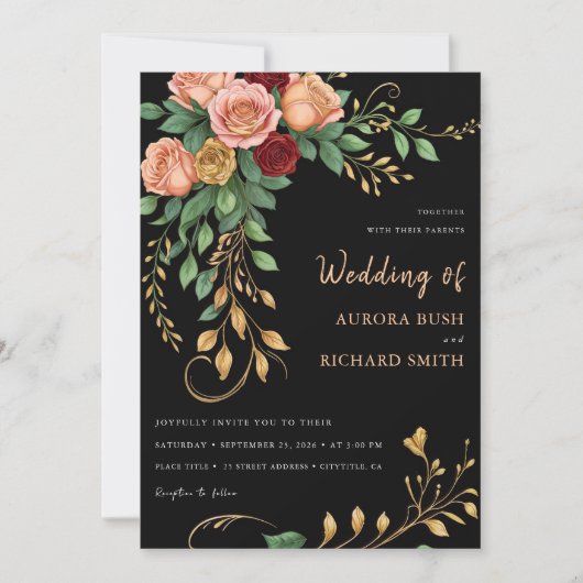 Goud Goud Zwart Boho Bloemen Herfst Rustiek Huweli Kaart (Voorkant)