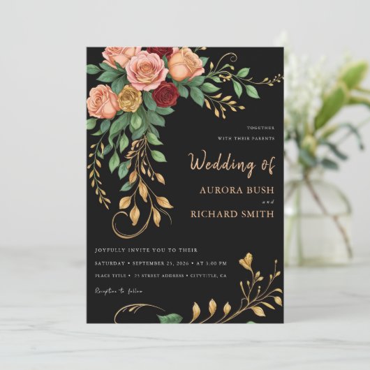 Goud Goud Zwart Boho Bloemen Herfst Rustiek Huweli Kaart (Staand voorkant)